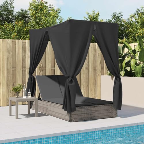 Emmtore Sonnenliege, Doppelliege mit Dach Vorhängen, Gartenliege Verstellbare Rückenlehne, Relaxliege Liege Gartenmöbel,Poly Rattan Sonnenliege,Grau