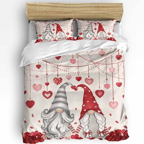 IDOWMAT Valentine's Duvet Cover Set Twin Size Valentine Gnome Hearts Burlap Comforter Cover Set Soft Bedding Set for Teen Boys Girls Adults Bedroom Decor(1 Duvet Cover+2 Pillowcases)