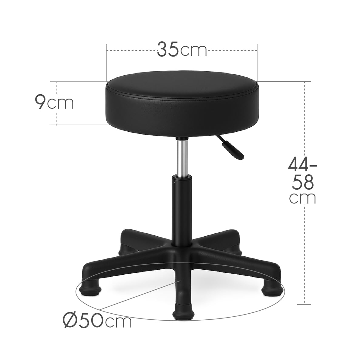 Waytex Tabouret pivotant sans roulettes – Hauteur réglable 44-58 cm – Pieds Fixes – Assise Confortable Simili Cuir Noir – Stable pour Accueil et Poste de Travail