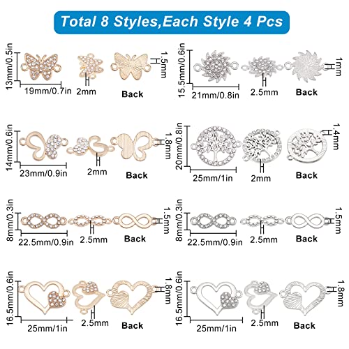 SUNNYCLUE 1 Box 32Pcs 8 Styles Heart Link Charms Alloy Connector Charms Hollow Rhinestone Love Charm Metal Tree Butterfly Connectors Charm for Jewellery Choker Necklace Making Christmas Valentine - Image 2