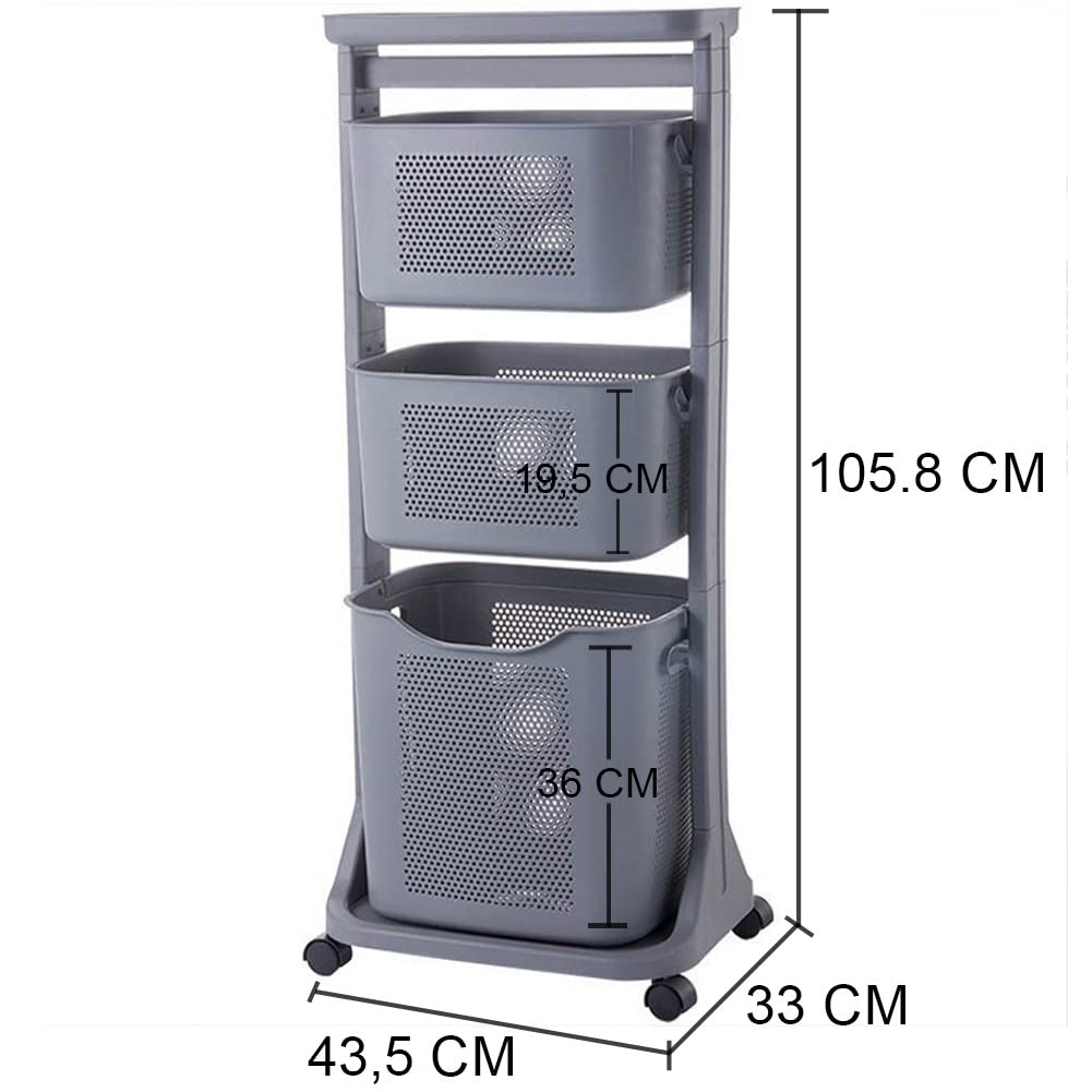 Shally Dogan Carrello Portabiancheria 3 Ripiani Multifunzione, 3 Litri di Capienza, Carrellino Salvaspazio, 1 Cesta Estraibile e 2 Cestelli Basculanti, 4 Ruote Girevoli a 360° (Grigio)