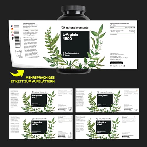 natural elements L-Arginin – 365 Kapseln – Hochdosiert: 4.500mg veganes L-Arginin HCL pro Tagesdosis (3.750mg reines L-Arginin) – hochdosiert – in Deutschland hergestellt & laborgeprüft