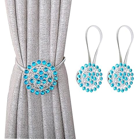 Niciksty 2-Pack Magnetic Curtain Tiebacks, Decorative Drapery Curtain Buckle with Strong Spring Rope & Flower Magnetic Crystal, Curtain Holder for for Home Office - Blue Cover
