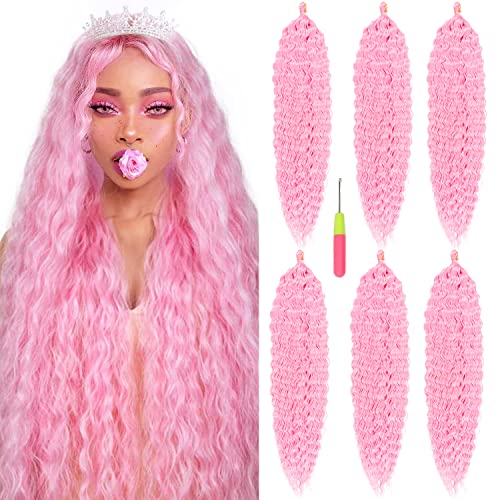 MAYSA 6-Packs Ocean Wave Pink Crochet Hair 30 inch Deep Wave Braiding Hair Synthetic Crochet Hair 120g Pack(Light Pink)