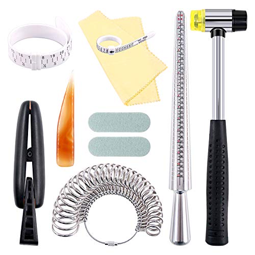 Keadic 12Pcs Jewelry Ring Sizer Tools Set, Ring Mandrel, Ring Sizer, Ring Clamp, Rubber Hammer, Plastic Ring Sizer Gauge, Jewelry Cleaning Cloth, Buffing Bars, Polished Agate and Storage Bag