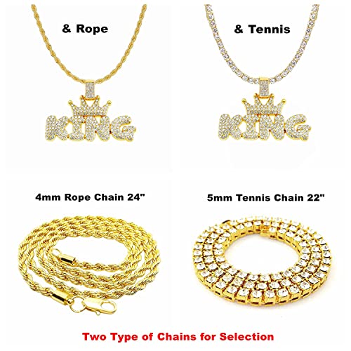 Hh Bling Empire Iced Out Pendant Chains For Men Silver Gold Diamond Letter Name Necklaces For Boy Hip Hop Crown King Chains 5Mm Tennis 22 Inch (Crown King-Gold,& Tennis) #TOP1