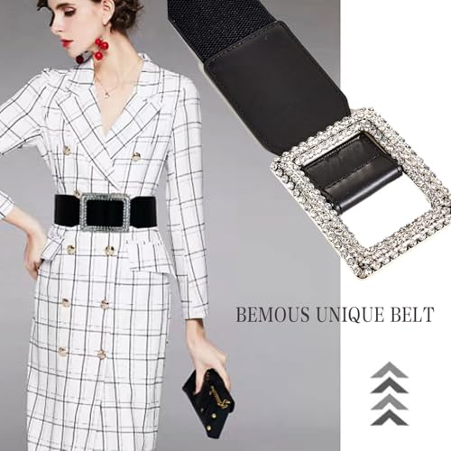 Black Elastic Waist Belts Women Rhinestone Buckle Belts for Dress Vintage Stretchy Belt for Women4