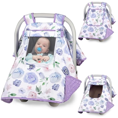 Image of Baby Carseat Seat Cover Girls, Winter Carseat Canopy, Cozy & Warm Cover with Zipper Peep Windows, Infant Minky Carrier Cover, Soft Breathable, Baby Must Have, Purple Romantic