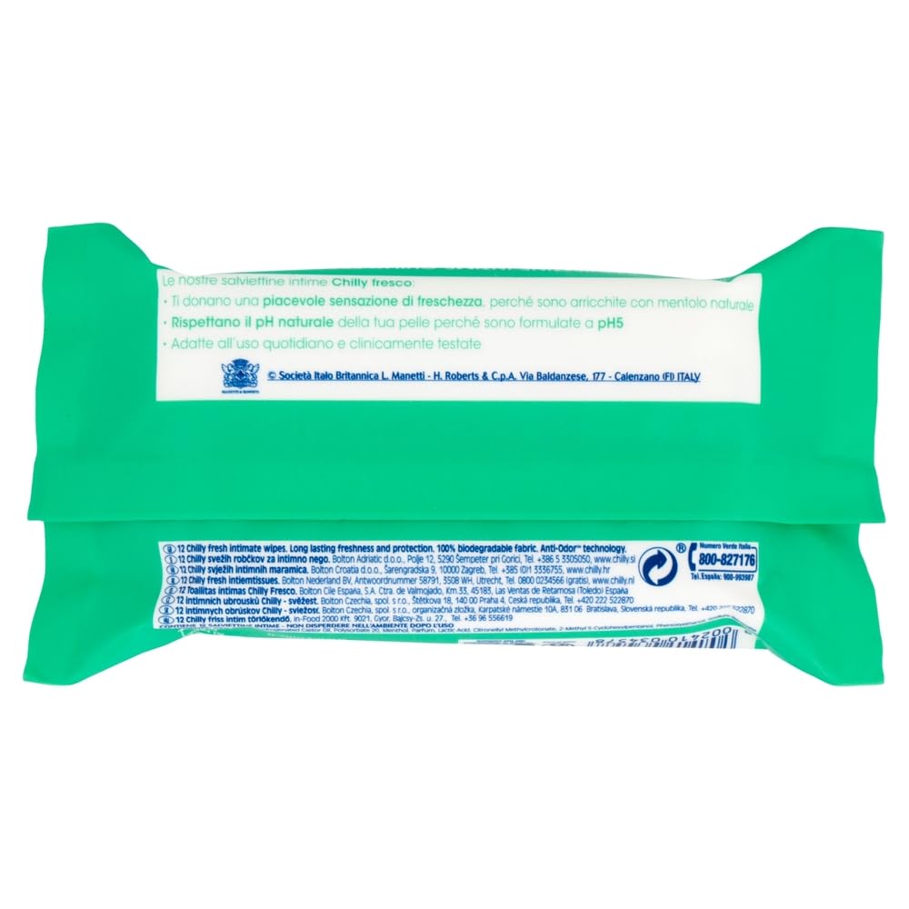 Chilly Toallitas de higiene íntima frescas – frescor natural duradero – con mentol natural – Cada paquete contiene 12 toallitas + llavero Beni Culinari gratis