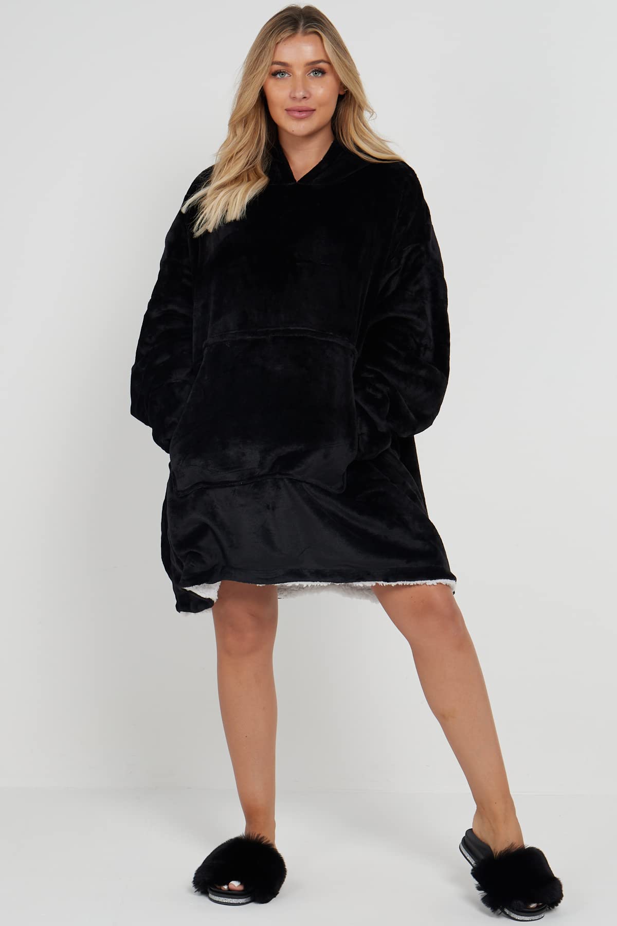 NIGHTZONE Oversize Teddy Sherpa Cuddly Cosy Sweatshirt Hoodie Thermal Giant Blanket with Front Pocket Adults Teens Mens Womens (Black)