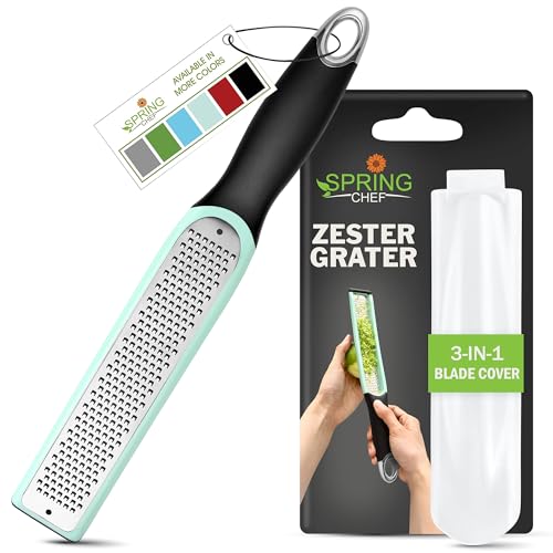 Image of Spring Chef Premium Lemon Zester Grater with Handle - Fruit, Lime, Orange, Nutmeg, Garlic Grater - Heavy Duty Kitchen Tool - Stainless Steel Citrus Zester with Blade Cover - Fine Shred - Mint /Black