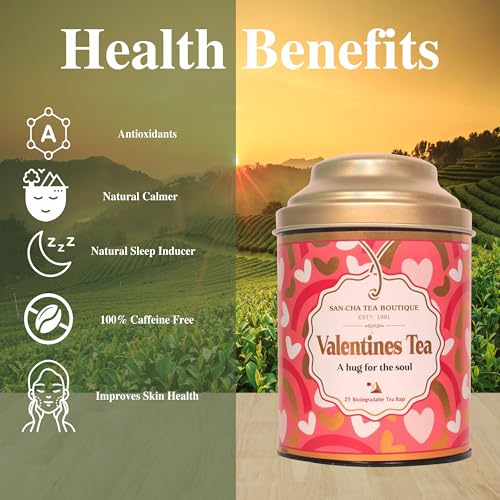Image of Sancha Tea Boutique, Valentine's Tea | Caffeine Free Herbal Tea | 25 Pyramid Tea Bags | Blend of Real Vanilla | Lavender, Rose & Chamomile | Valentines Day Gift