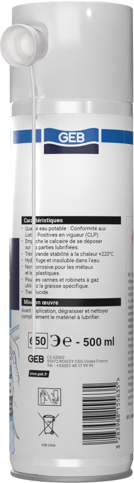 GEB Spray Graisse Silicone Lubrifiant pour vannes et robinetterie - Anti-humidité, Anti-corrosion, Métaux, Plastique, Serrures, Mécanique - Compatible eau potable - Aérosol 650 ml