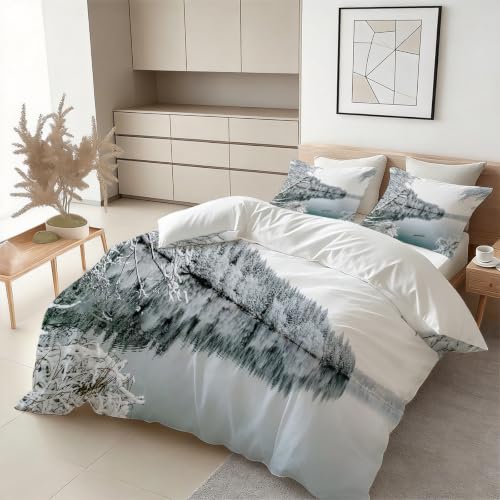 Housse de couette microfibre douce motif 3D forêt enneigée - 3