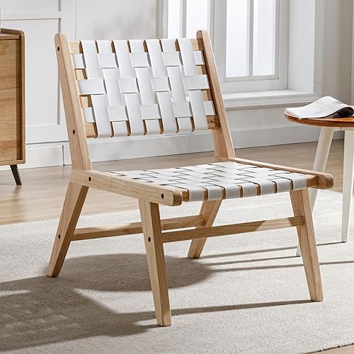 Farmhouse Accent Chair Armless PU Leather Side Chair Modern Woven Strips  Lounge Chair Comfy Reading Chair Solid Wood Slipper Chair for Living