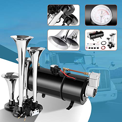 Hicient 150DB Train Air Horn Kit, 4 Trumpet Train Horn Kit with 120 PSI Air Compressor for Any 12V Vehicles Trucks Trains Boats Cars Vans (Black)