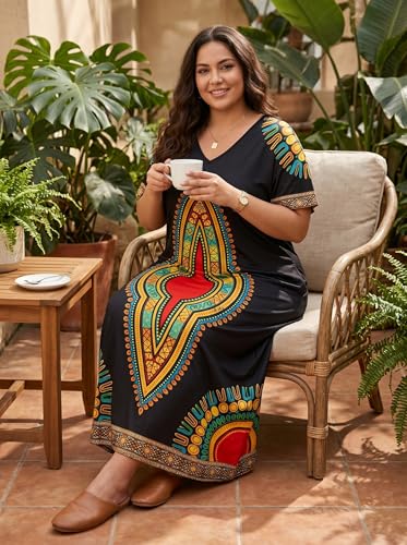 Image of Plus Size Maxi Dress for Women Short Sleeve V Neck Casual Loose Sundress with Pockets