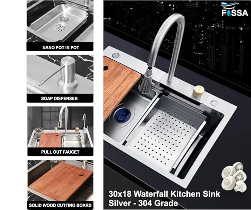 Image of Fossa 30x18x9 Inches Single Bowl Waterfall Kitchen Sink, Nano 304 Grade Stainless Steel, Rectangular Workstation,Faucet with all Accessories,Brushed Silver Matte Finish