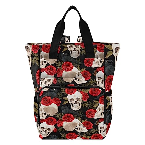 Image of MNSRUU Diaper Bag Red Rose Skull Diaper Bag Backpack Multifunction Travel Diaper Bag Tote Large Capacity Diaper Changing Backpacks for Moms Dads