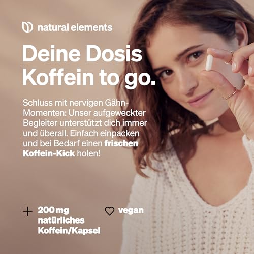 natural elements Koffein Kapseln – 200mg natürliches Koffein/Kapsel – 180 Kapseln – natürliche Alternative zu Tabletten – vegan, hochdosiert – in Deutschland produziert & laborgeprüft