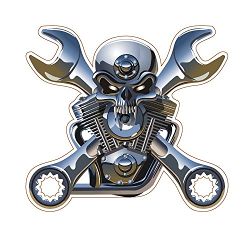 BOLDERGRAPHX 1050 Metal Looking Skull and Wrenches 4" Vinyl Decal/Sticker