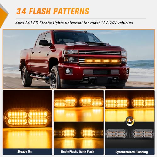 Image of Nilight 4PCS 24LED Amber Strobe Light 12V /24V Grille Surface Mount | Hazard Safety Warning Light with Sync Feature for Car Truck Camper Side Marker Aluminum Alloy Base Emergency Lights