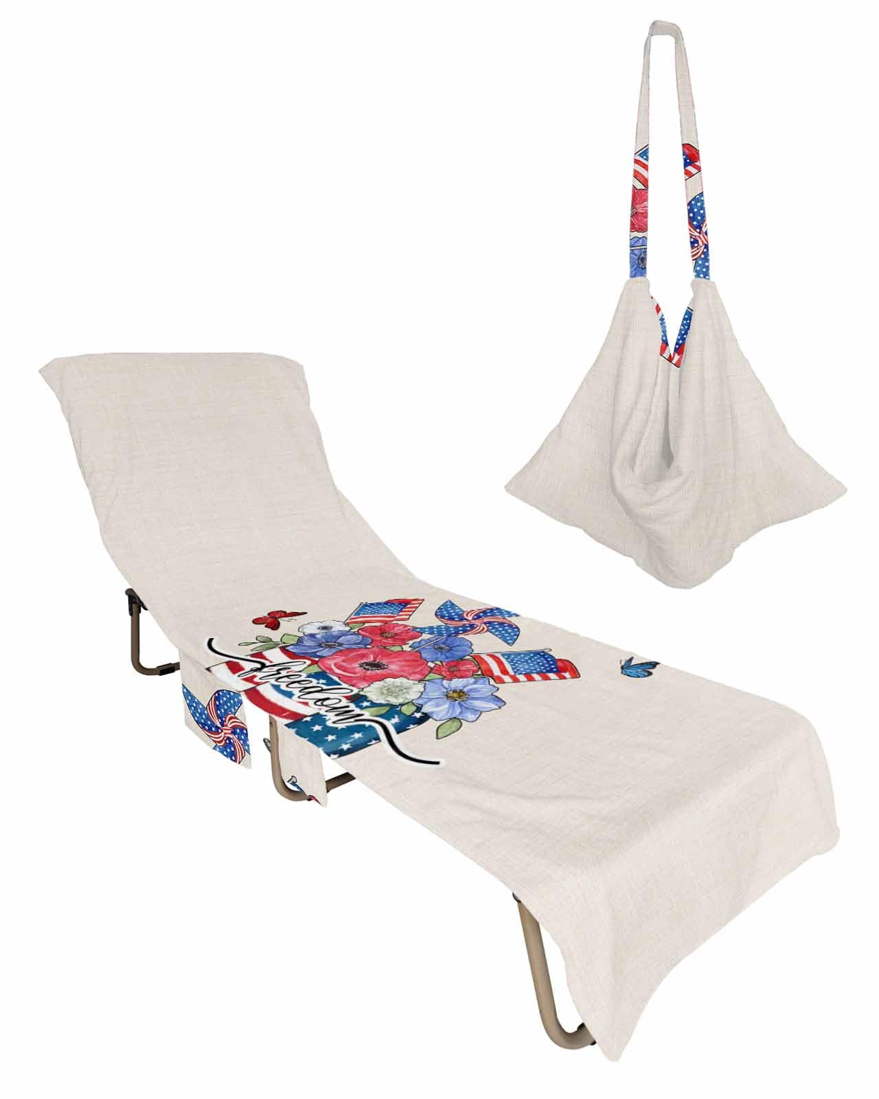 4th of July Beach Lounge Chair Towel Cover, Soft Chaise Lounge Towel with Side Pockets Patio Pool Chairs Cover for Beach/Pool Sunbathing 29x85 Red Blue Flowers Independence Day Botanical