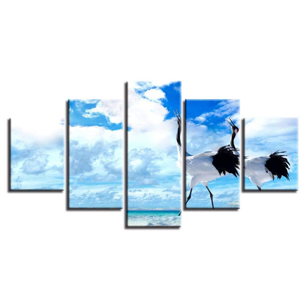 YYJHMK No Frame HD Printed 5 Pieces Animal Red Crowned Crane Blue Sky White Cloud Scenery Wall Art Modular Canvas Paintings 30x40 30x60 30x80cm