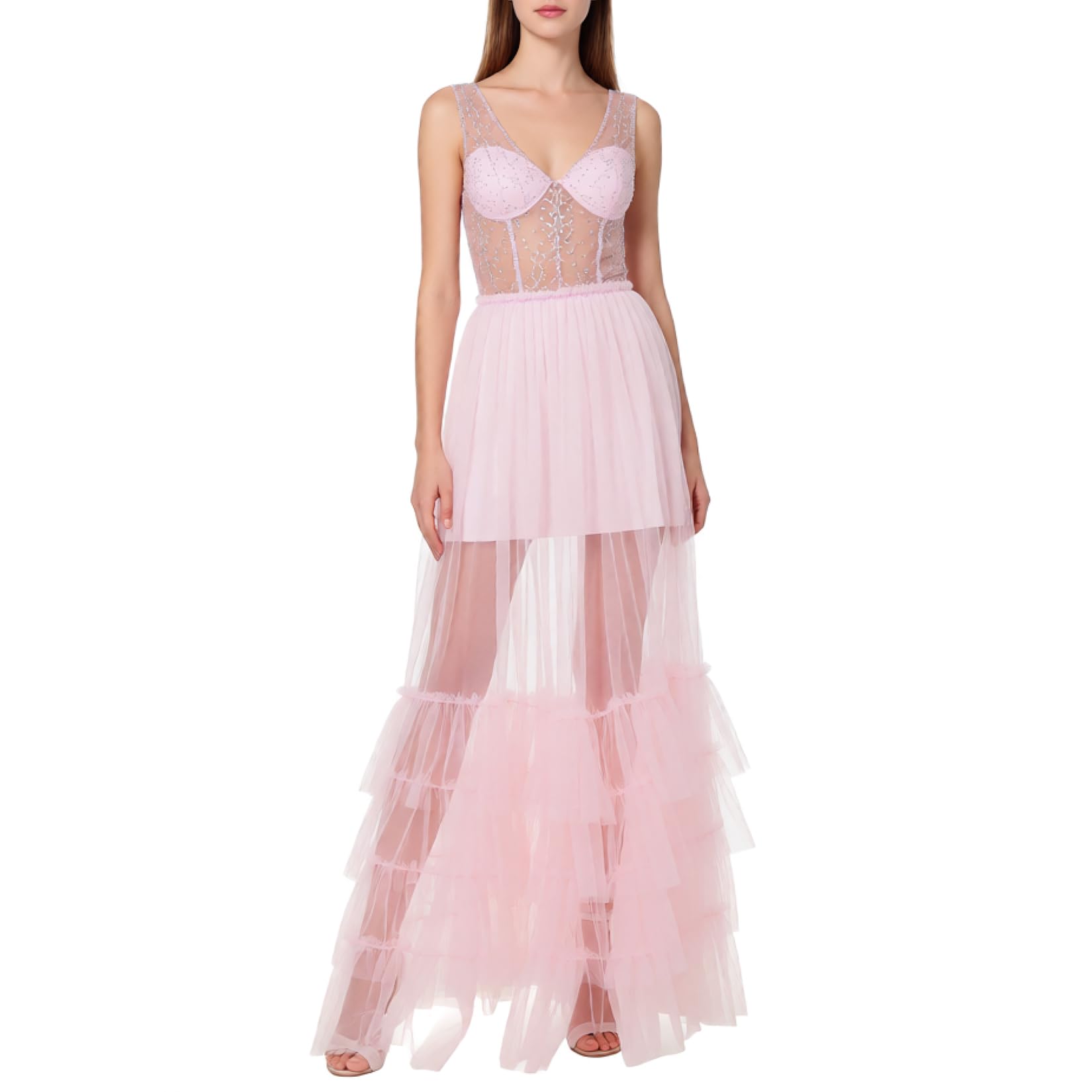 BPURB Women High Waist Sheer Mesh Ruffle Tiered Maxi Skirt See-Through Wedding Party Prom Beach Tulle Tutu Long Skirt Cover-Up Pink