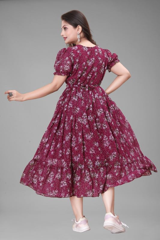 Image of Women's Printed Georgette Regular Fit Round Neck Short Sleeve Fancy Flare Long Dress