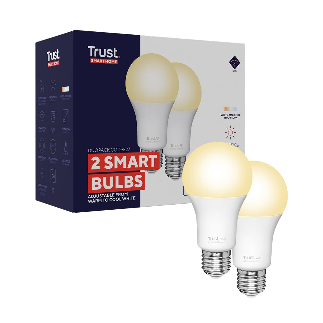 Trust WIFI CCT - E27-​71298-​02 Bombilla LED, Compatible con Alexa y Google Home, Luz LED Regulable, No Hub, 2.4GHz Bombilla LED E27, Bombilla Inteligente, Luz Blanca de Cálida a Fría – Pack de 2