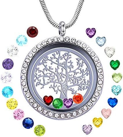 Famliy Tree of Life Charms Memory Floating Locket Necklace, Diy Pendant with 24 Birthstones for Mummy Mom Mother Grandma Nana Aunt Niece Sister Women Girls