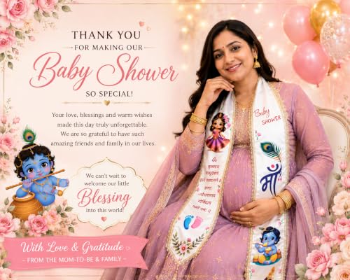 Image of Mom to Be Baby Shower Dupatta for Godh Bharai and baby shower Stoles with Bal Krishna Print, Ceremonial Festive Seemantham Functions FREE Shreenathji Brooch Pin for Dad to Be