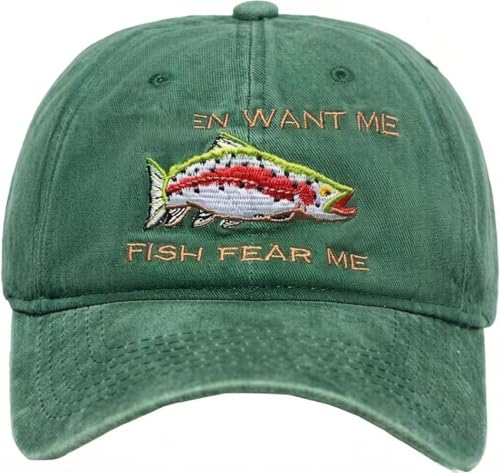 Women Want Me Fish Fear Me Hat - Men Embroidered Baseball Cap Green Low Profile Vintage Adjustable Washed