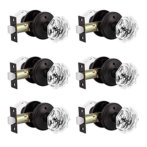 Probrico Hardware (6 Pack) Diamond Crystal Door Knobs, Keyless Knobs Privacy Function for Bed and Bath Doors, Classic Round Glass Door Lock Oil Rubbed Bronze Perfect for Replacing Broken Antique Lock