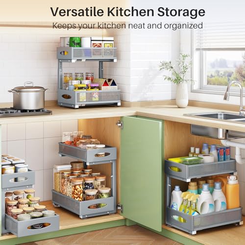 2 Pack Under Sink Organizer, 2 Tier Pull out Cabinet Organizer Mesh Baskets with 5 Adjustable Heights, Sliding Drawers Storage Shelf for Home, Kitchen, Bathroom, Pantry, Office, Countertop ,Grey by Kitstorack - Image 8