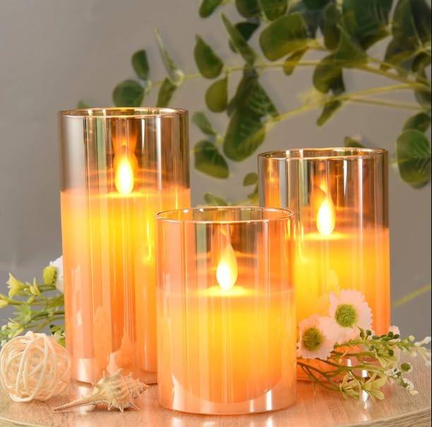 Image of LTETTES Real Wax LED Glass Pillar Flameless Candles | Faux Dancing Wick | Amber Gold Glass | Battery Powered with Multifunctional Remote Controller for Home Decor | Set of 3 (H-4 inch,5 inch,6 inch x D-3 inch)