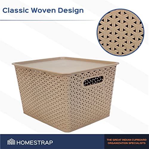 Image of Homestrap Set Of 3 Plastic Storage Organizers /Baskets With Lid For Kitchen, Clothes, Multipurpose Vegetables, Toys, Books, Office, Stationery, Wardrobe(Large| Biscuit, Rectangular)