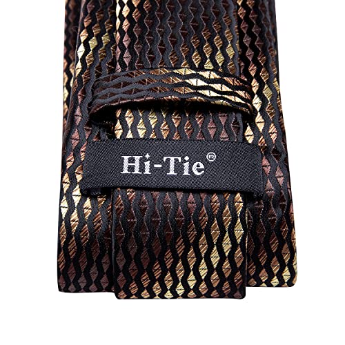 Image of Hi-Tie Black and Brown Striped Ties Men Woven Formal Necktie Lapel Pin Pocket Square Cufflinks Sets Formal Business Wedding