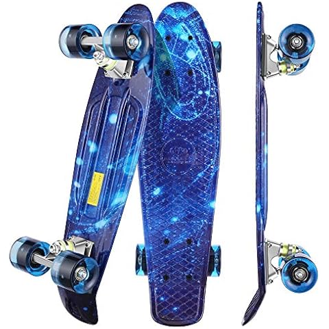 WeSkate Mini Cruiser Retro Skateboard - ABEC-9 Ball Bearing with PU LED Light Wheels Blue Cover