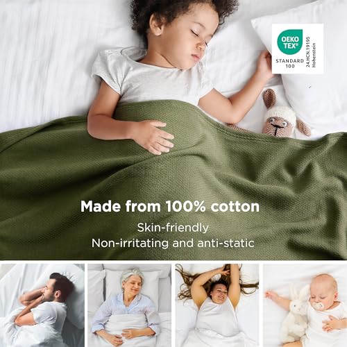 Image of Bedsure 100% Cotton Blanket, Herringbone Weave, Queen Size, Moss Green
