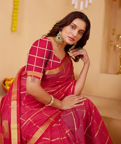 Image of StyleScope Women's Kota Doria Cotton Zari Checks Manipuri Saree With Unstitched Blouse Piece (Malanng)