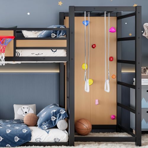 Image of Bellemave Twin XL Bunk Bed with Slide, Basketball Hoop & Climbing Wall, Heavy Duty Bunk Beds Twin XL with Guardrails, Low Bunk Bed for Bedrooms, No Box Spring Needed, Yellow