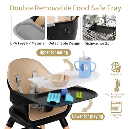 Image of 6 in 1 Baby High Chair, Convertible Wooden High Chairs, Black | Booster Seat for Babies and Toddlers, Baby Feeding Chair with 5-Point Harness, Double Removable Tray & Adjustable Footrest