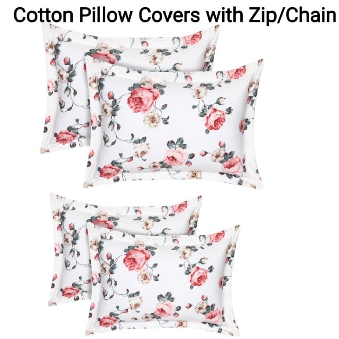 Image of HOUSE FOX Zipper Cotton Pillow Covers /Cases /Protectors (NOT Pillow) Set of 2 Pair Or 4 Pcs,Size -18x28inch with Zip /Chain(RedFloral)