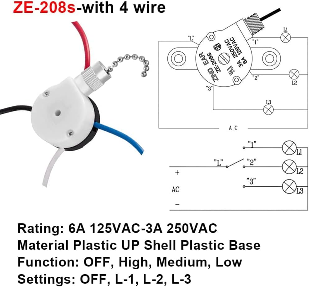Buy Ceiling Fan Switch Zing Ear ZE208s E89885 3 Speed 4 Wire Pull