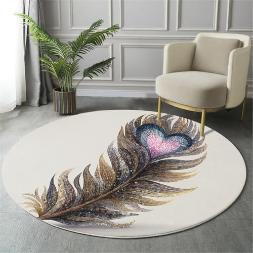 Alfombra Redonda Acuarela Realismo, Alfombra Oro Pelo Corto Suave, Alfombras Estampado Plumas En Forma De Corazón Antideslizante fácil de cuidar, para Dormitorio Salón Cocina Halls 90cm