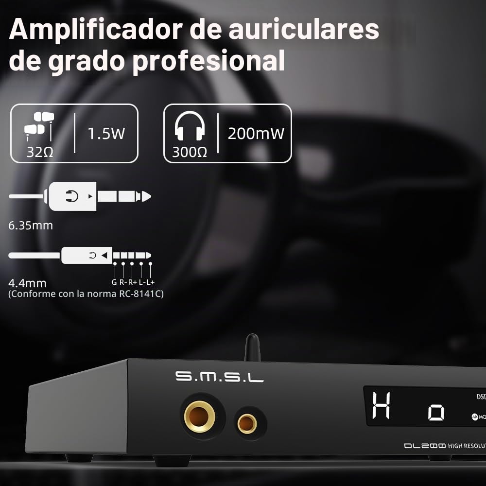 SMSL DL200 ES9039Q2M Audio DAC y HiFi Amplificador de auriculares, 6,35 mm/4,4 m/línea equilibrada TRS/RCA salida de línea de extremo único, USB 2.0/1.1, TND+N -123dB, con control remoto