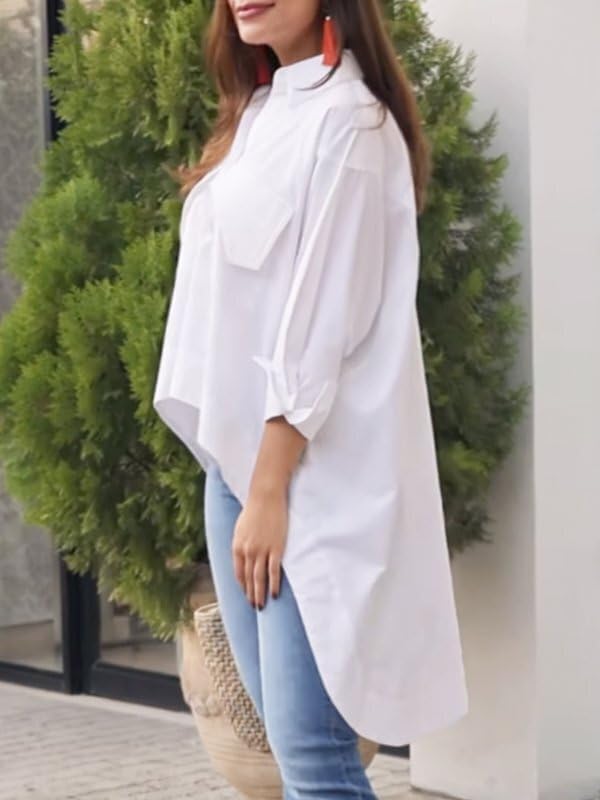 UOOZEE Women's Long Sleeve Collar V Neck Blouse Tunic Top High Low Asymmetrical Irregular Hem Dress Shirt - Image 3