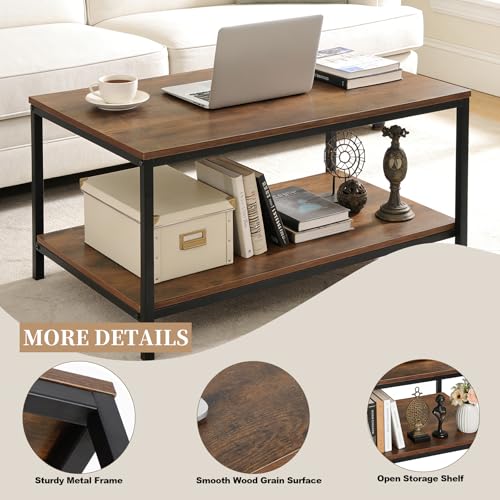 SUPER DEAL 2-Tier Industrial Coffee Table with Storage Shelf for Small Apartment Living Room, Rectangle Wood and Stable Metal TV Stand Side End Table, Rustic Brown - Image 5